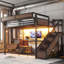 Lit mezzanine industriel en métal avec bureau intégré, bande à DEL et escalier de rangement, lit double avec prise de courant et paniers en filet (sans matelas)-132915801-132915803