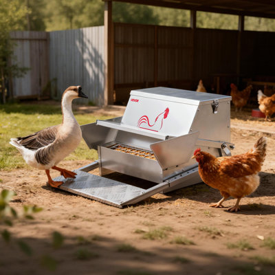 Automatic Chicken Feeder, 25 lbs Capacity, Rainproof Treadle Poultry Feeder with Lockable Lid, No Waste, Galvanized Steel Construction, Outdoor Use, for Chicken, Bantams, Poultry, Pheasants