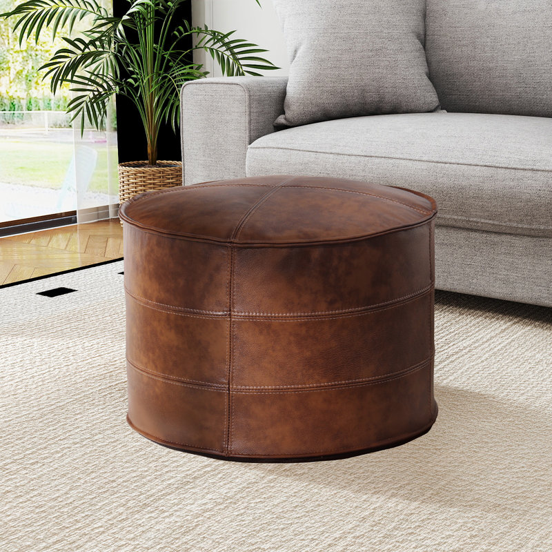 OEKO-TEX® STANDARD 100 Upholstered Footrest Pouf Full-Grain Genuine Leather Round Ottoman, Brown