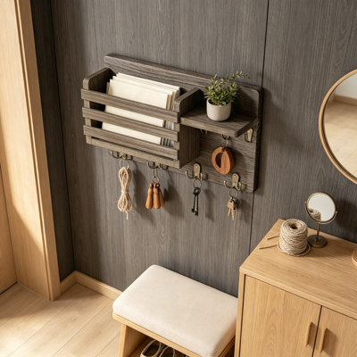 Porte-clés mural avec organisateur de courrier, porte-clés surdimensionné en bois 16 x 5 x 9,1 pouces avec tablette et 7 crochets pour porte-monnaie, laisse pour chien et articles essentiels