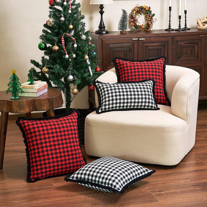 Ensemble de 2 housses de coussin décoratives rouges et noires à motif écossais 18 x 18 avec pampilles, housse de coussin d'extérieur à carreaux rouge et noir Buffalo