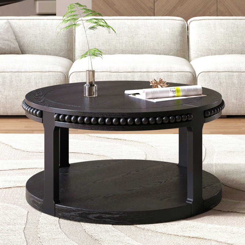 Table basse ronde en bois massif de 31,5 po pour le salon, bureau en bois rustique à 2 niveaux avec tablette de rangement