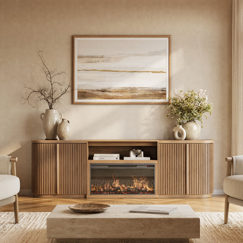 Meuble télé incurvé Westmont de 102 po avec foyer de 36 po de couleur camel, Chameau