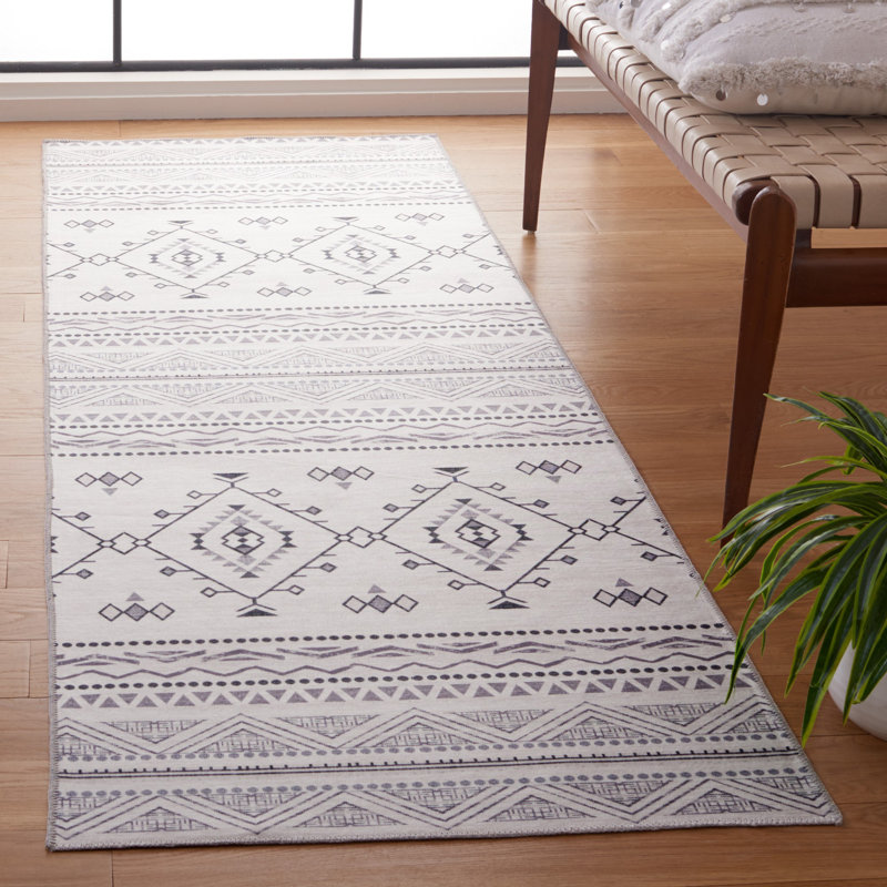 Arizona Lomanto Machine Washable Non-Slip White & Grey Rug, Runner 76 x 244cm