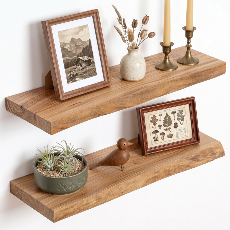 2 tablettes murales flottantes récupérées à rebord vivant, étagère de rangement murale en bois rustique, Naturel