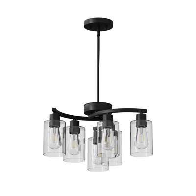 Lustre style campagne moderne 6 lumières - Luminaire suspendu industriel noir avec abat-jour en verre transparent pour salle à manger et îlot de cuisine