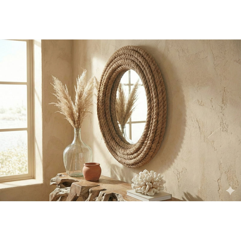 Handmade 26-Inch Vintage Rope Accentuated Wall Mirror – Rustic DIY-Inspired Circular Decor for Entryway, Bedroom, or Living Room