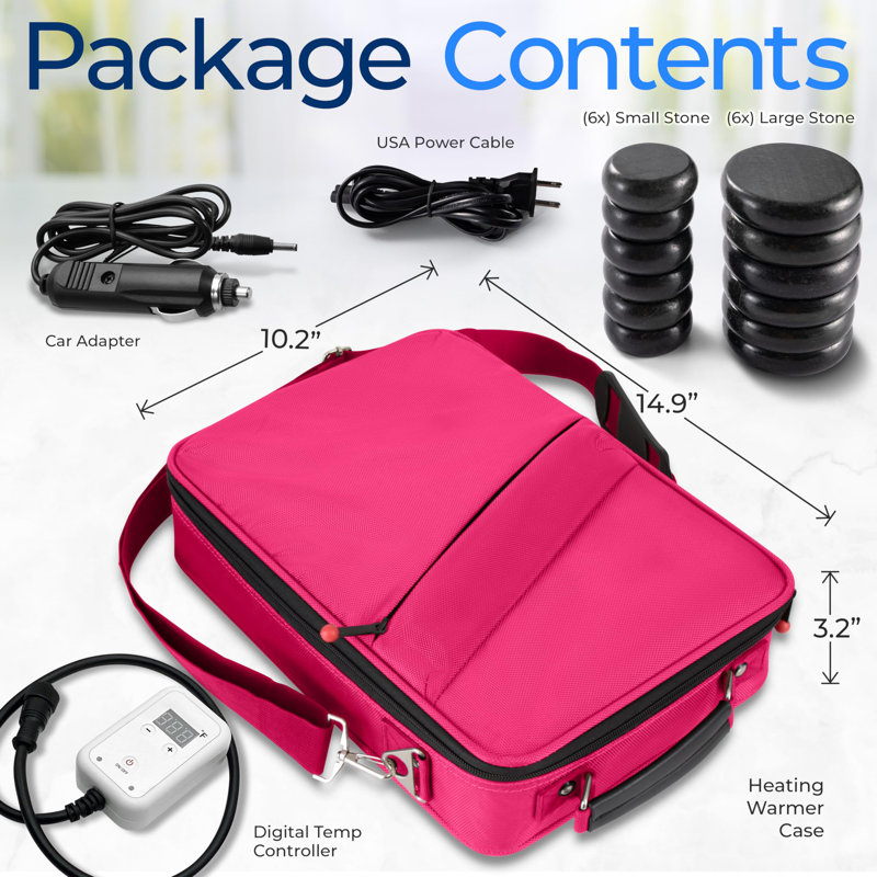 Hot Stone Massage Kit - Portable Heated Rock Therapy System With Digital Temperature Controller, Includes (12) Massaging Stones (Pink)