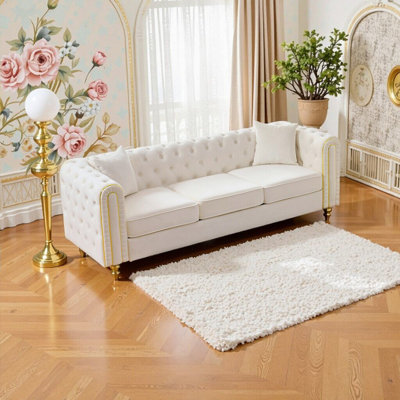 Canapé Chesterfield moderne 86 "en velours 86" avec capitonnage à boutons et pieds dorés, beige