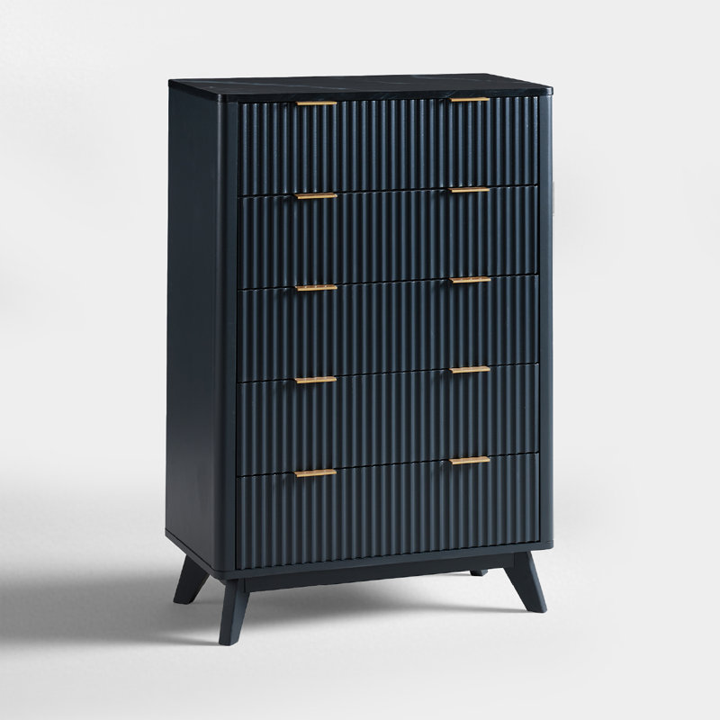 Commode 5 tiroirs Modern - Dessus en faux marbre et surface incurvée, Gris foncé
