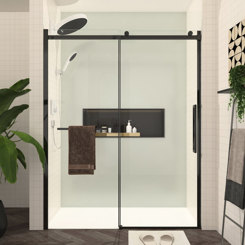 Sliding Tempered Glass Bathroom Door, 56 - 60"W X 76"H, Style, Matte Black Accessories, Smooth Movement, Easy Clean Finish, Refresh Option Shower 5/16" Thick Glass, Accents, Tracks, Surface, Upgrade