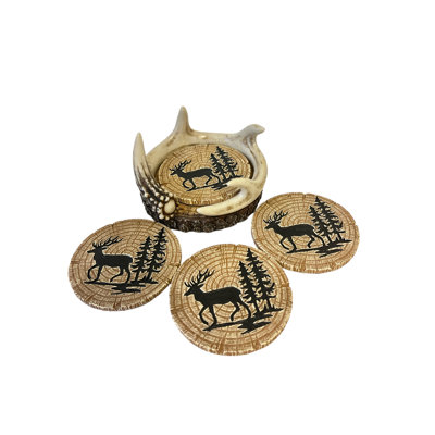 Polyresin Deer Antler Woodland Outdoor Hunting Coaster 4-Piece Set with Decorative Holder