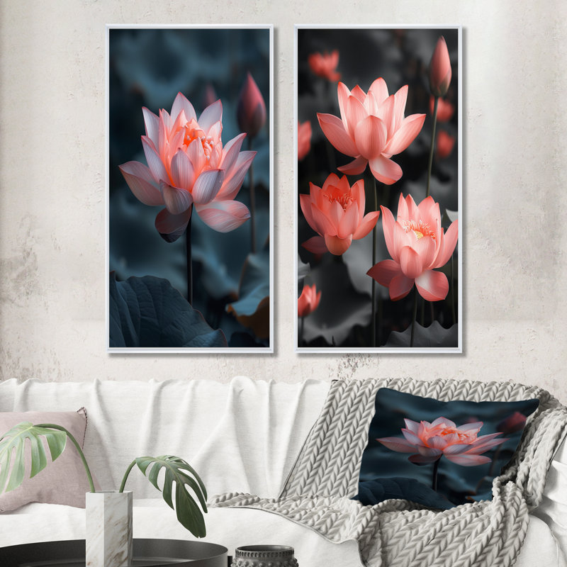 Ensemble de 2 pièces d'art mural en verre rose et sérénité Lotus I, H 28 po x l 24 po, Impression encadrée, Blanc