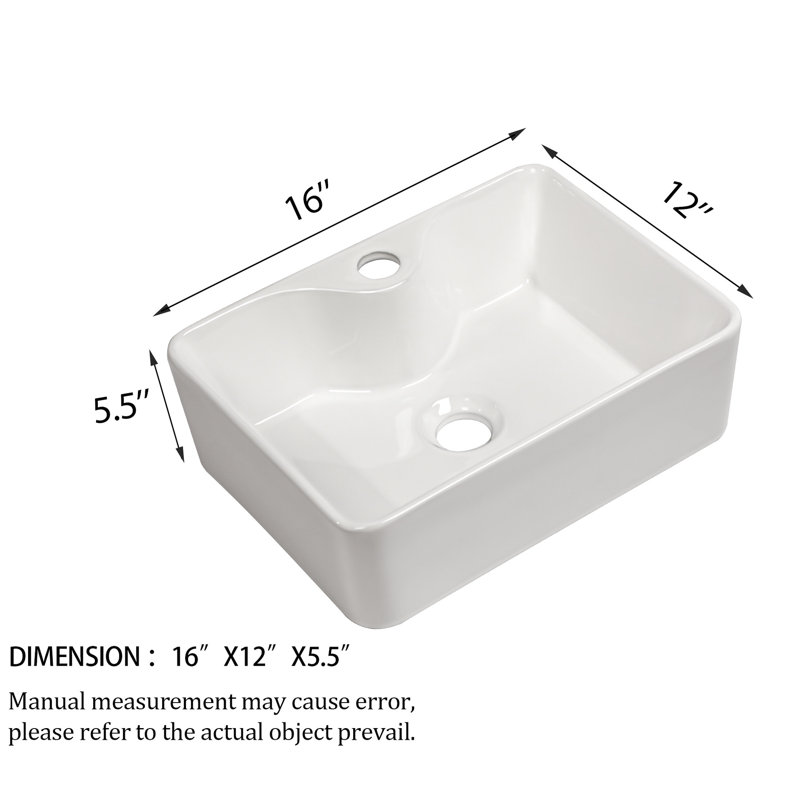 Évier vasque moderne 16 po x 12 po - Céramique rectangulaire, blanc, teinté, design de salle de bain blanc, résistance aux acides, comptoir