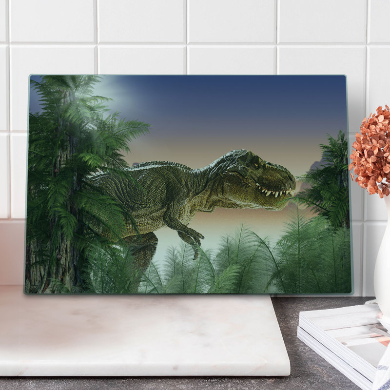 Ambesonne Jurassic Cutting Board Large Size Dinosaur in the Jungle Peach Green Blue