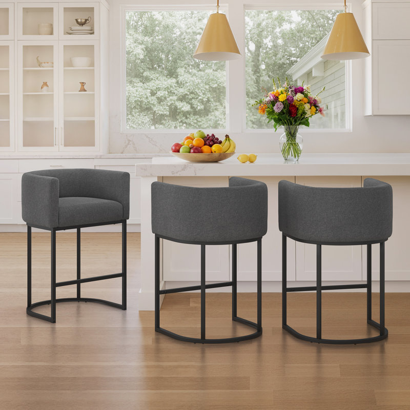 Modern Upholstered Counter Stool with Metal Frame, Carbon Gray Linen/Black