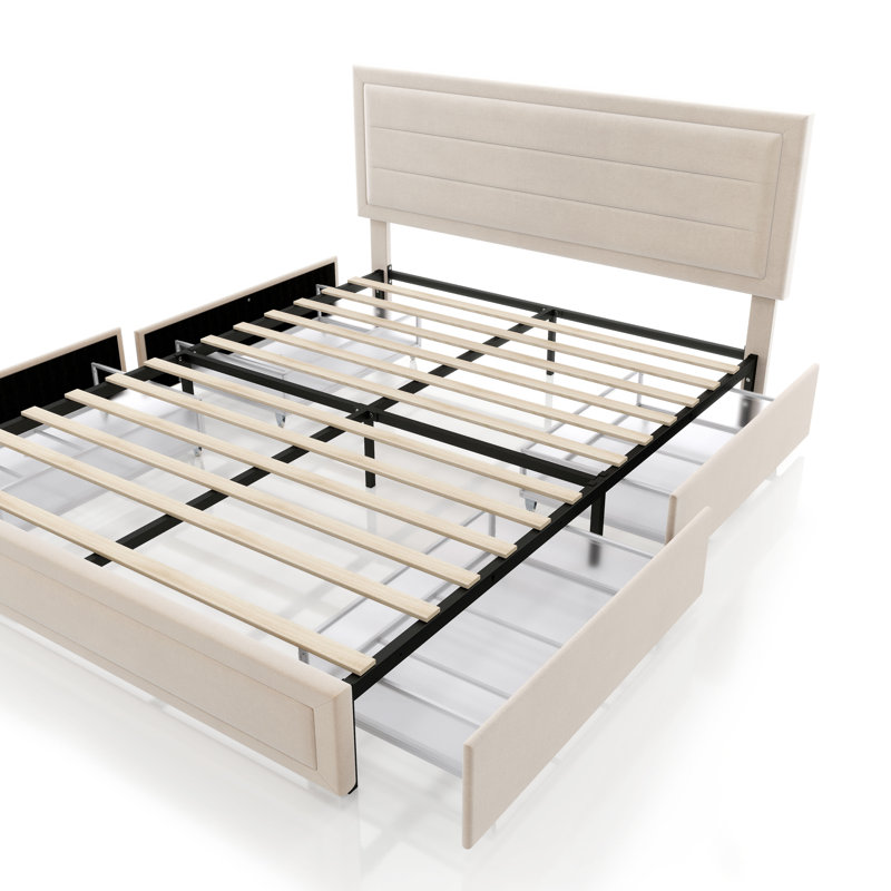 Lit plateforme tapissier avec rangement, Double, Velours ivoire