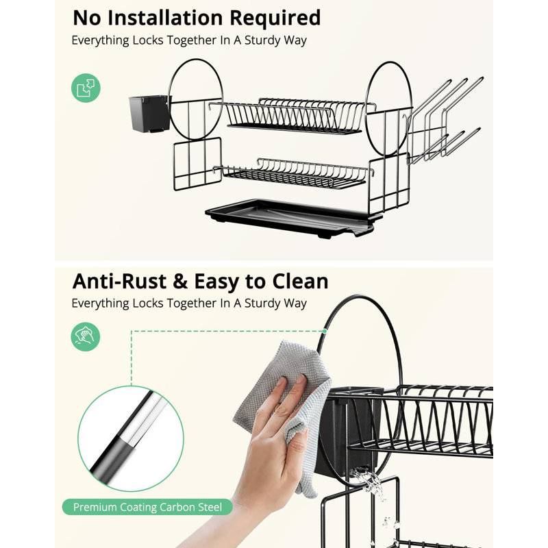 Compact 2-Tier Dish Drying Rack - Space Saving Design With Removable Utensil Holders