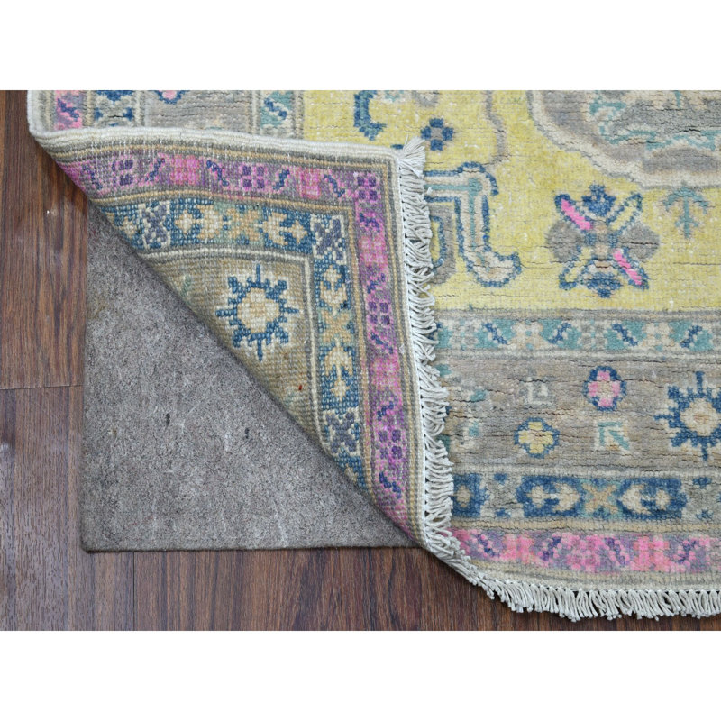 Tapis rose / jaune en laine noué à la main de conception unique 3 pi 3 po x 4 pi 8 po Harpenden