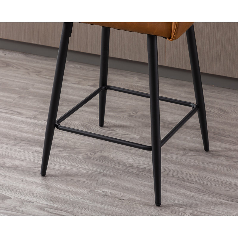 Brown Leather Upholstered Counter Stools with Metal Frame, Set of 2