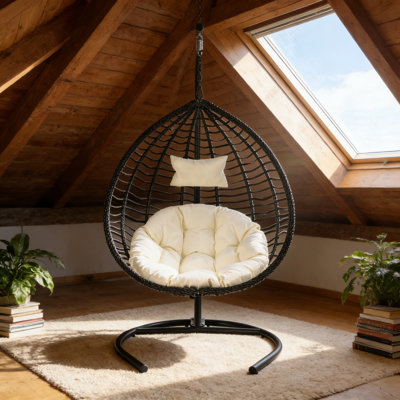 Hanging Egg Chair With Stand, Foldable Rattan Swing Chair With With Iron Frame And Cushion