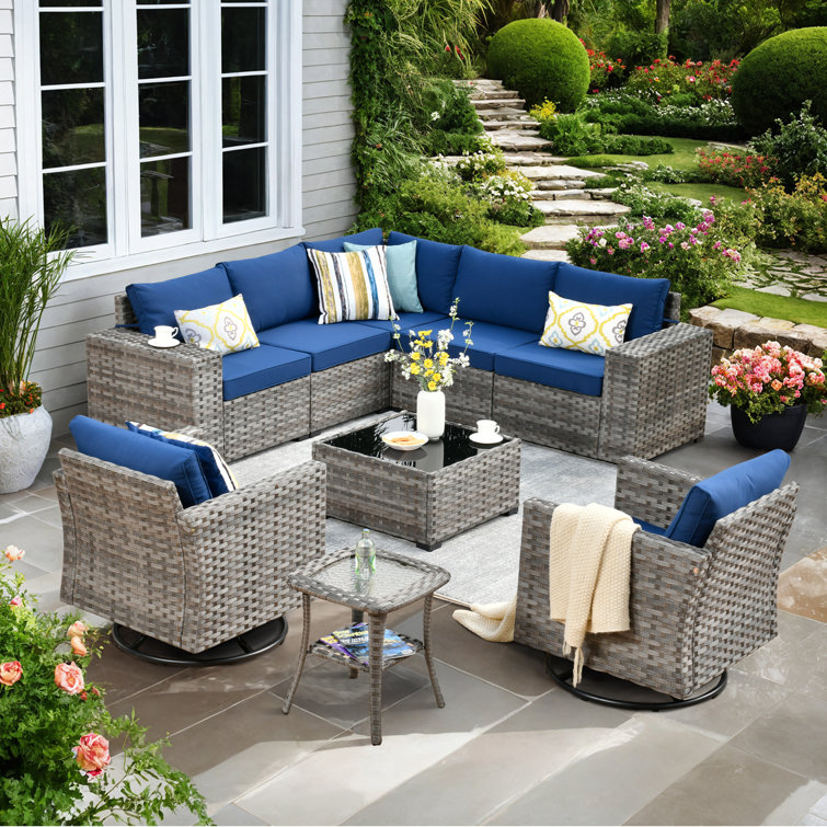 Baili 7 - Person Outdoor Wicker/Rattan Sectional Seating Group with Swivel Chairs, Modern Modular Conversation Set with Cushions