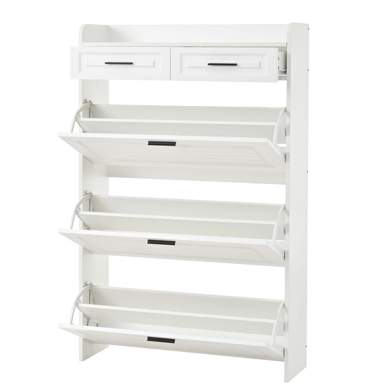 Spacious Two-Drawer Three-Fold Door Shoe Cabinet With Large Storage, Living Room Cabinet, White