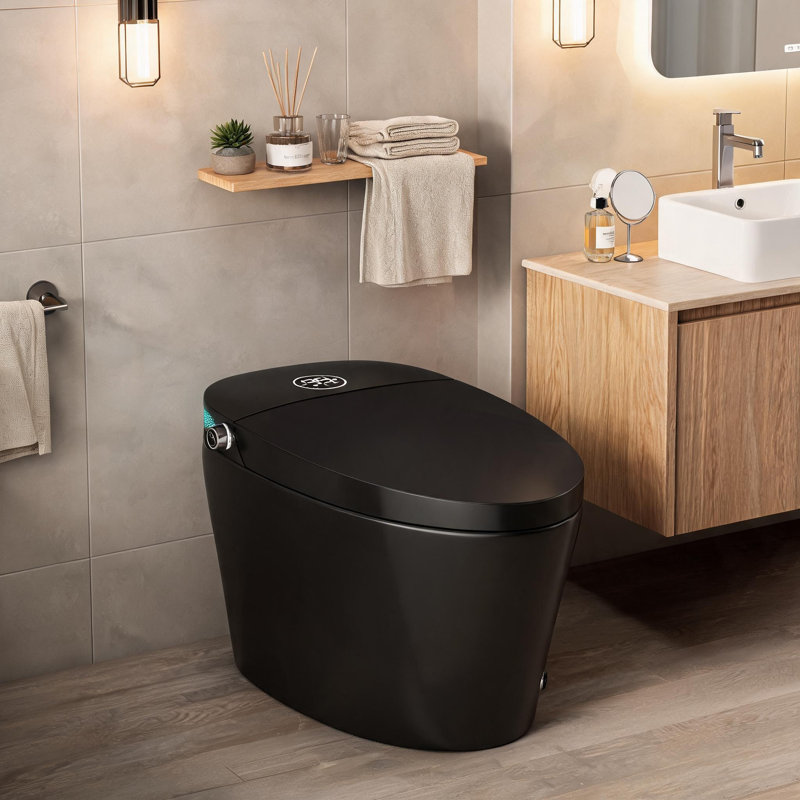 Toilettes intelligentes en porcelaine noire de 68,5 cm (27 pouces) avec bidet intégré, siège chauffant, repose-pieds, sèche-eau chaude, veilleuse, chasse d'eau automatique et télécommande.