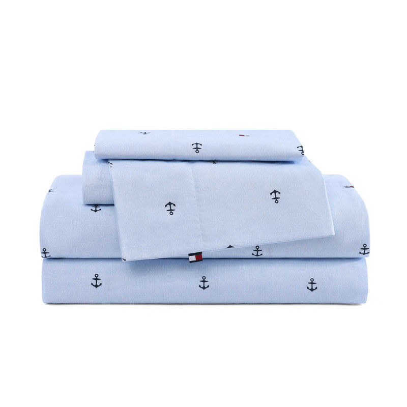 Tommy Hilfiger Printed Percale Cotton Sheet Set, Twin Sheet Set with 1 Pillowcase, Blue Abstract