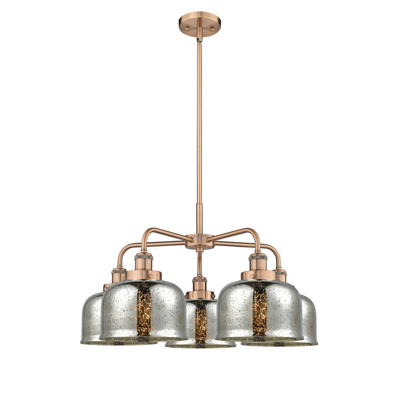 Lustre en verre à 5 lumières Bell, Argent mercuré plaqué, Cuivre antique