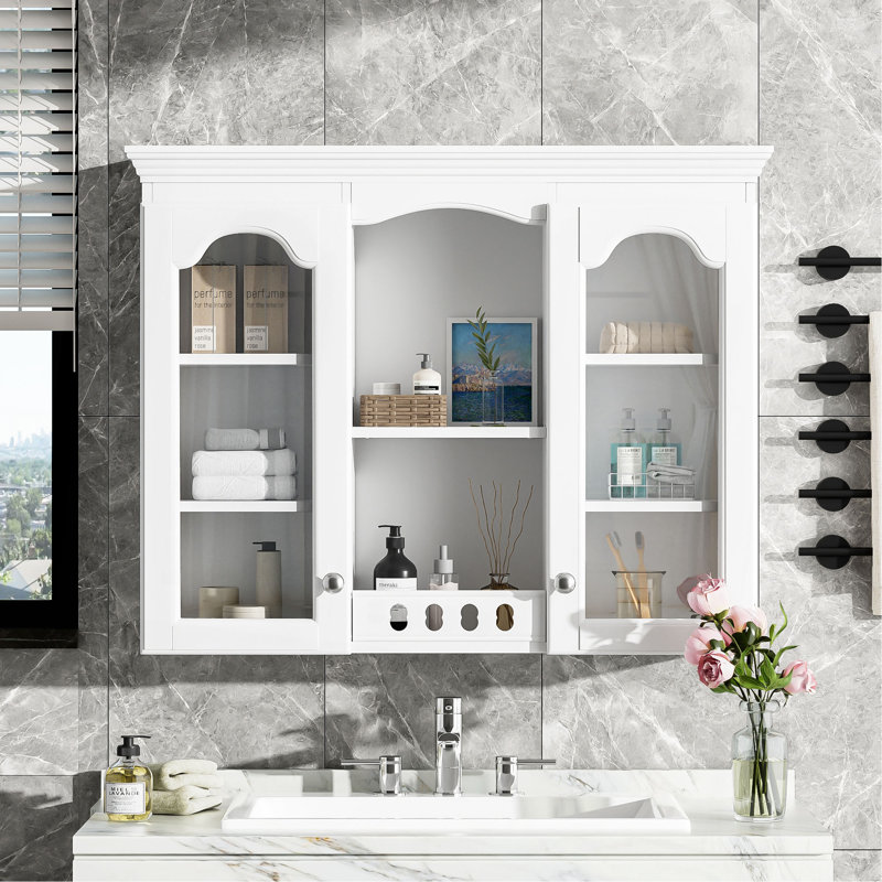 Armoire à pharmacie murale, armoire de salle de bain murale avec 2 portes en verre, armoire de rangement encastrée au-dessus de la toilette avec rangement, blanc