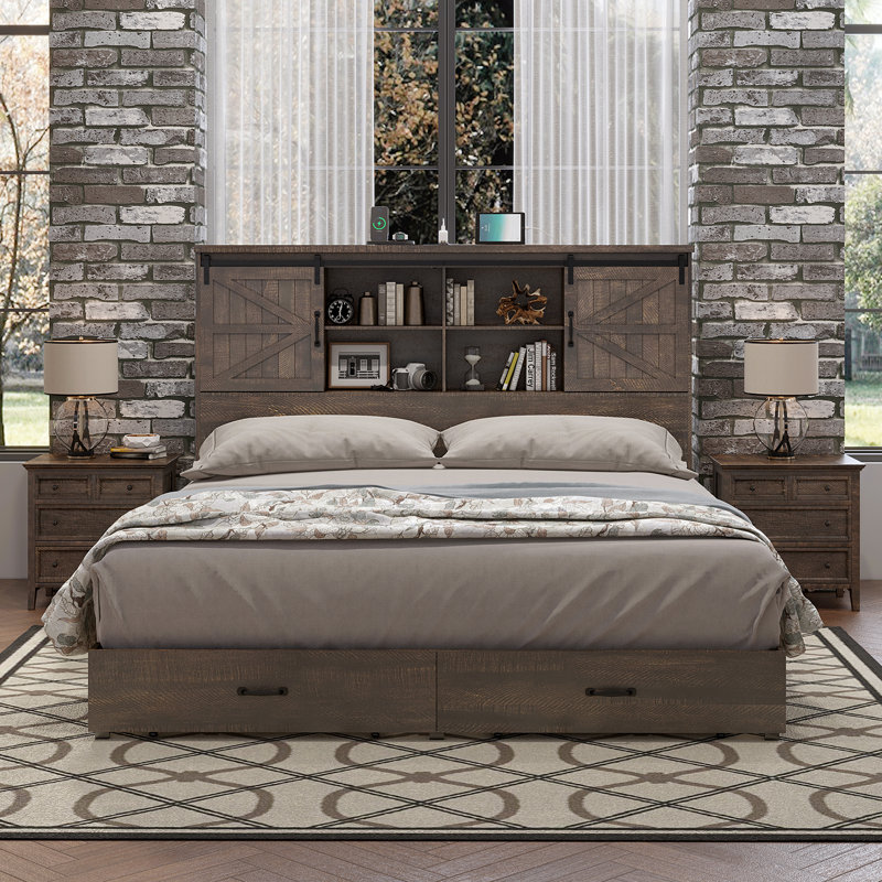 King Brown Wood Platform Bed Frame with Bookcase Headboard and Storage