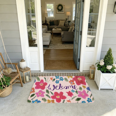 Watercolor Floral Entryway Doormat Pink Tone 20 x 32 In With Welcome