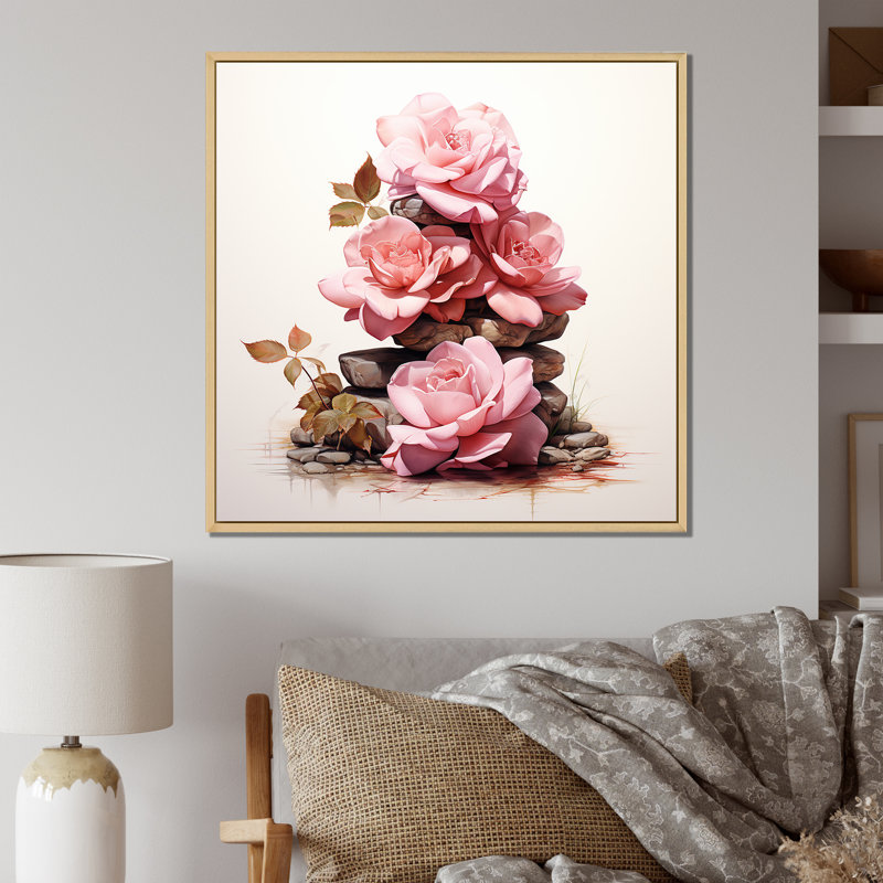 Rose rose empilée sur des pierres spirituelles II - Art mural rose, Cadre flottant brun, 16" H x 16" W
