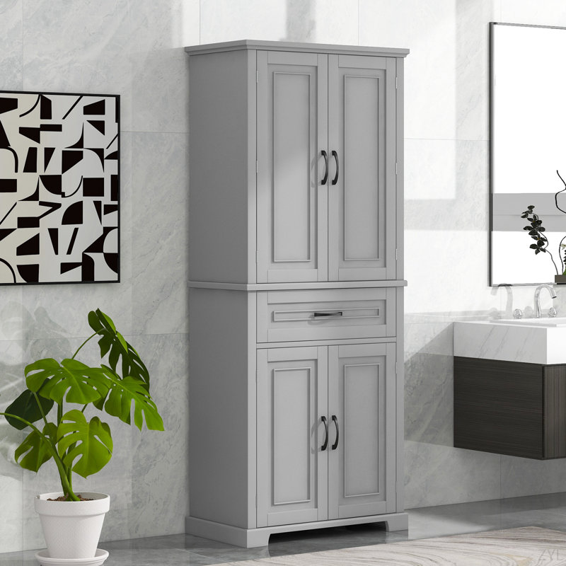 Armoire de rangement de salle de bain avec portes et tiroir, plusieurs espaces de rangement, tablette réglable, Gris