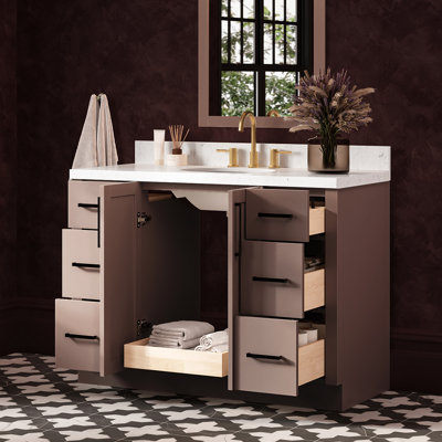   Kayleigh 48 Inch Single Oval Sink Bathroom Vanity with Carrara White Quartz Countertop 1.5 Inch in Mocha
