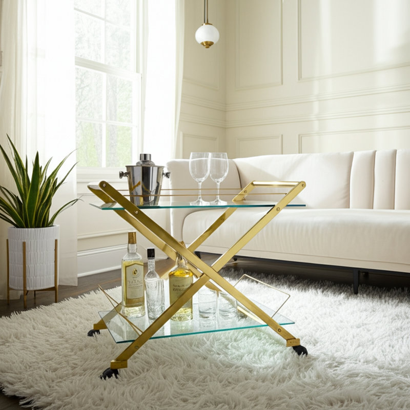 Pagan Bar Cart Metal and Glass Glam Design with Sleek Modern Style and Rolling Wheels for Versatile Entertaining, Gold