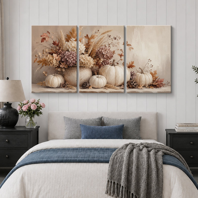 Neutre citrouille floral, art de la nature morte, photos de la salle à manger, impression sur toile encadrée, 2 pièces