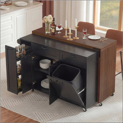 Extendable Kitchen Island with Dining Table, Trash Storage, Spice Rack, and Mobile Wheels for Versatile Use
