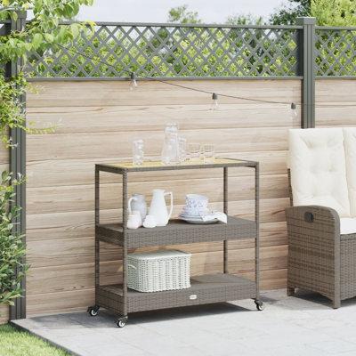 17 Stories Bar Cart 3-Tier Poly Rattan And Solid Wood Acacia