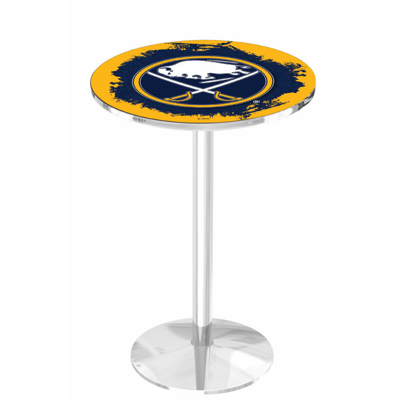 NHL Round Metal Base Dining Table, Chrome, Buffalo Sabres