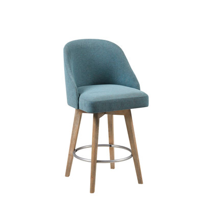 Counter Stool With 360 Degree Rotation, Solid Wood Legs, 25.75" Seat Height, Blue Upholstery, Metal Ring Footrest, Assembly Stool, Seat, Swivel Function, , Rest, Required