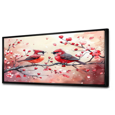 «Red Pink Chinoiserie Birds & Red Summer Blossoms II», reproduction d'art sur toile encadrée, art mural chaud