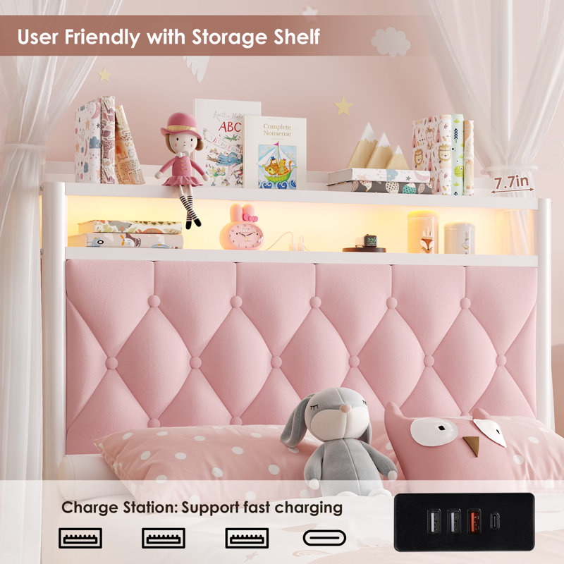  Magical Princess Bed for Kids | Twin Size with LED Lights & USB Charging | Pink, Pink, Twin