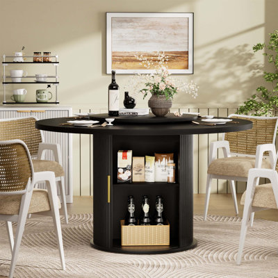Table de salle à manger ronde de 55 pouces avec plateau rotatif et rangement à deux niveaux, parfaite pour les décors domestiques et multi-usages. （Table seulement）