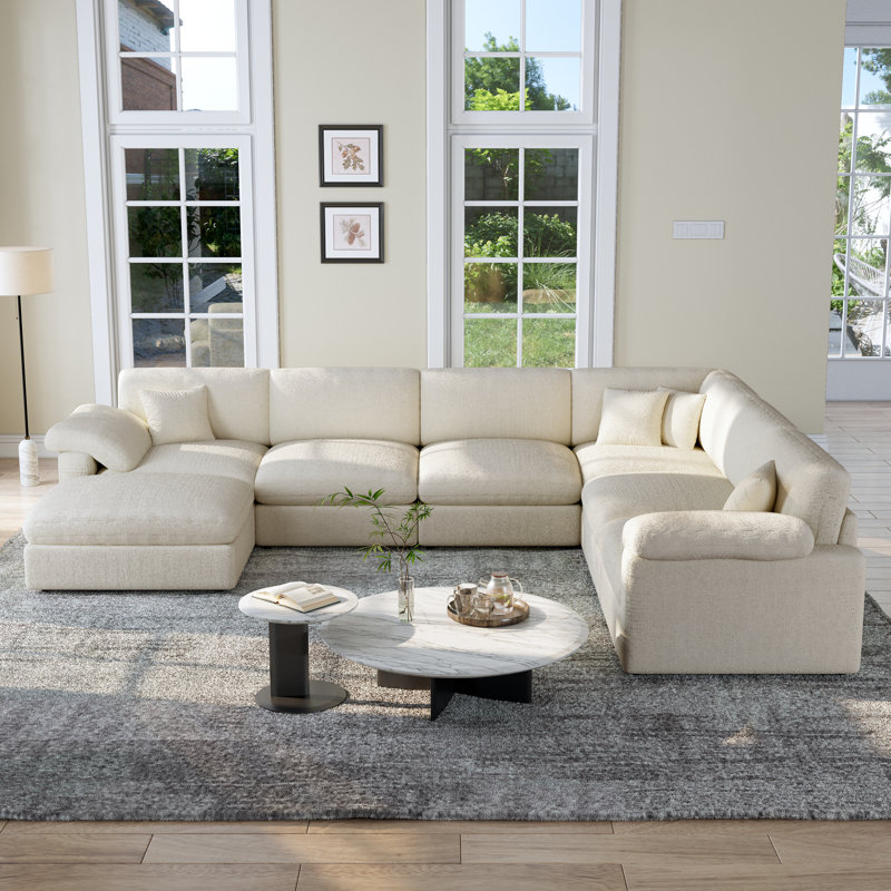 Canapé modulaire de coin moderne 7 pièces avec repose-pieds amovible Cloud, Tissu beige