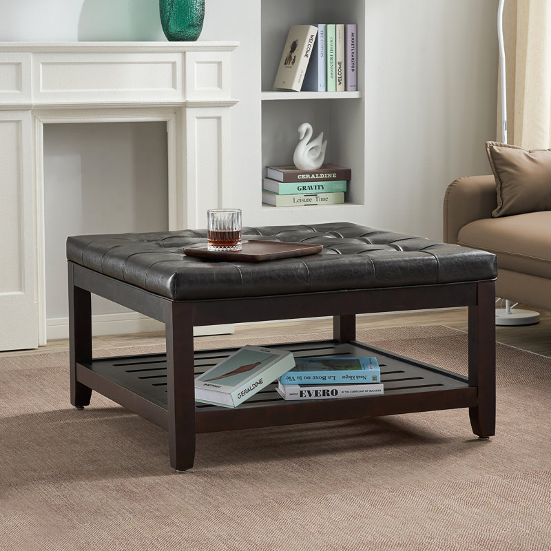 Repose-pieds de cocktail carré 33,5 po avec plateau libre, Simili cuir brun foncé
