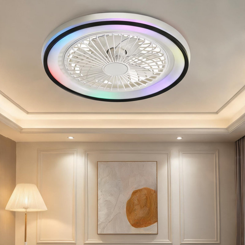 Ventilateur de plafond encastré sans lumière avec lumière, ABS blanc doux de 19 pouces, DEL à intensité variable RVB, 6 vitesses, télécommande intelligente, idéale pour la chambre à coucher ou la fête