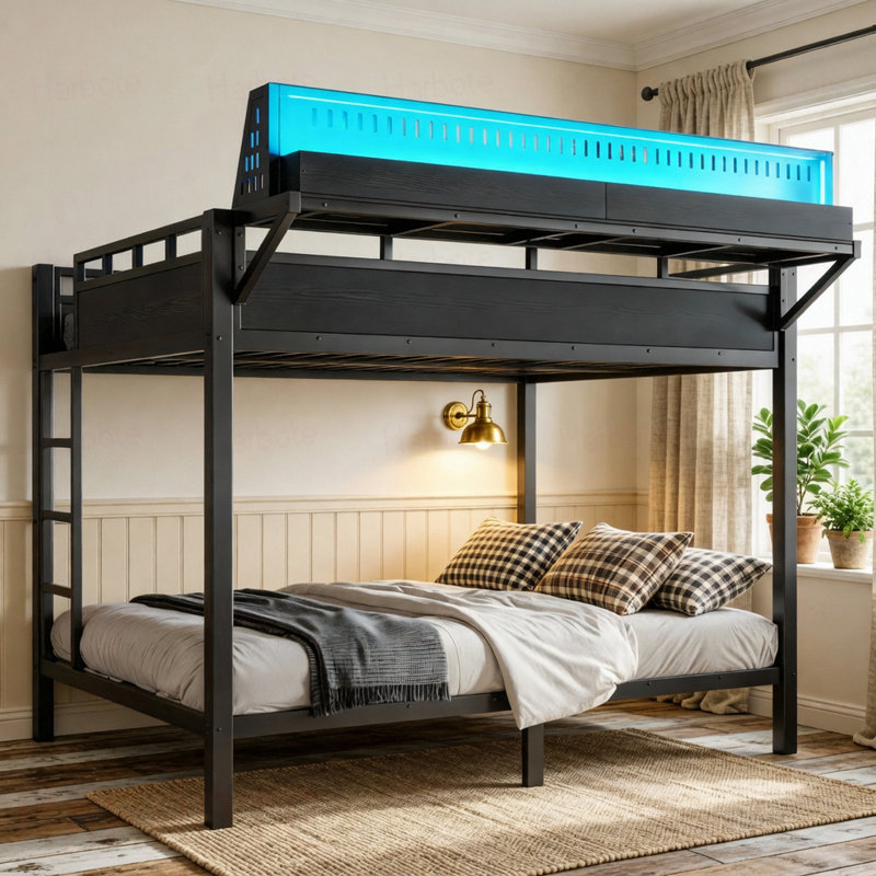 Lit superposé grand sur grand avec tablettes de rangement et panneau perforé, cadre de lit superposé avec ports USB et lumières DEL, peu encombrant