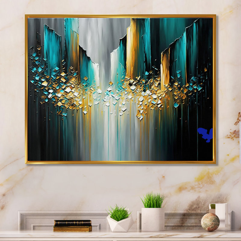 Abstrait géométrique noir et vert I - reproduction sur toile, L 32 po x H 16 po, Toile avec cadre flottant or